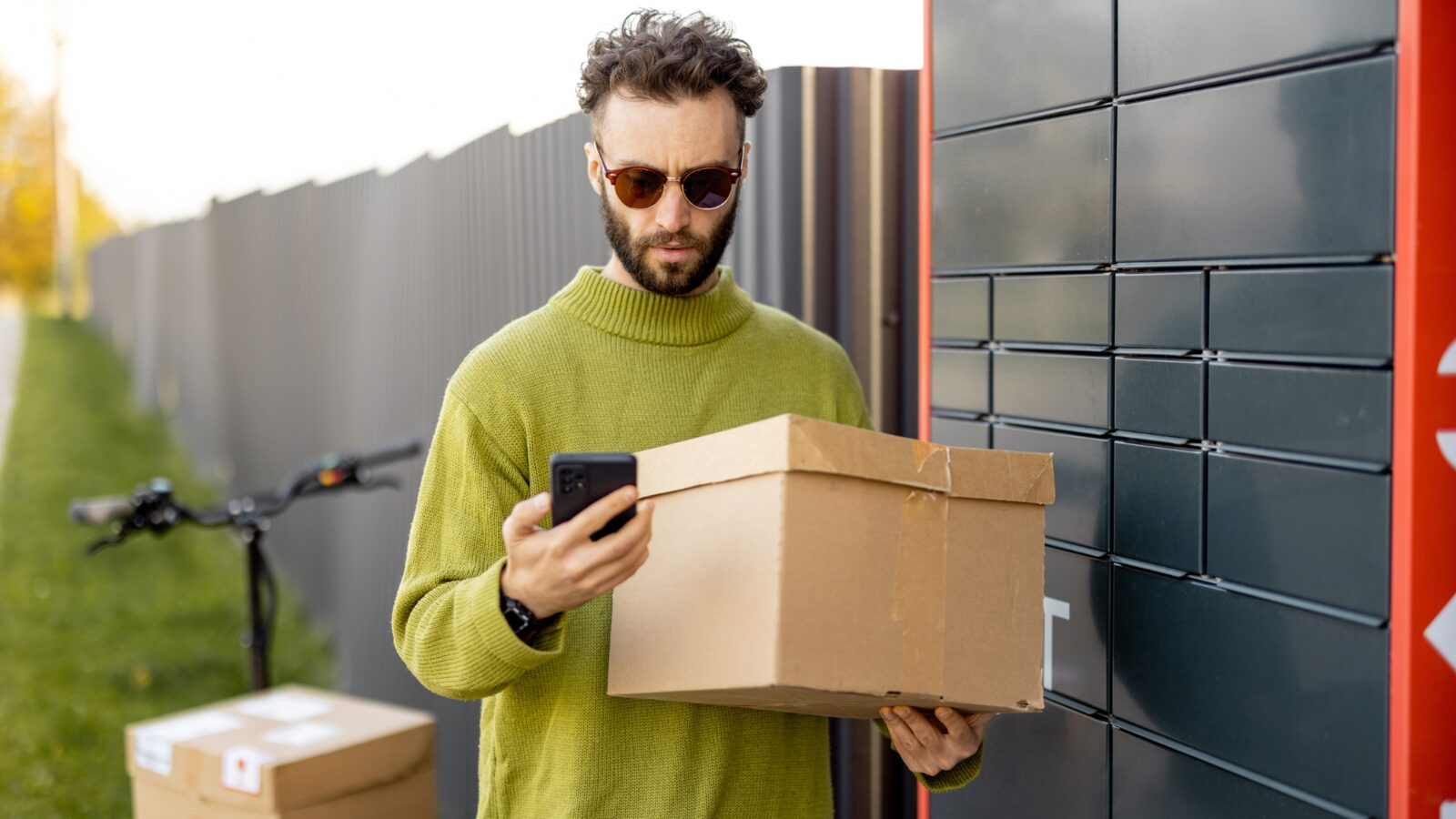 Pessoa retirando uma encomenda de um armário inteligente Airlocker usando o aplicativo no celular